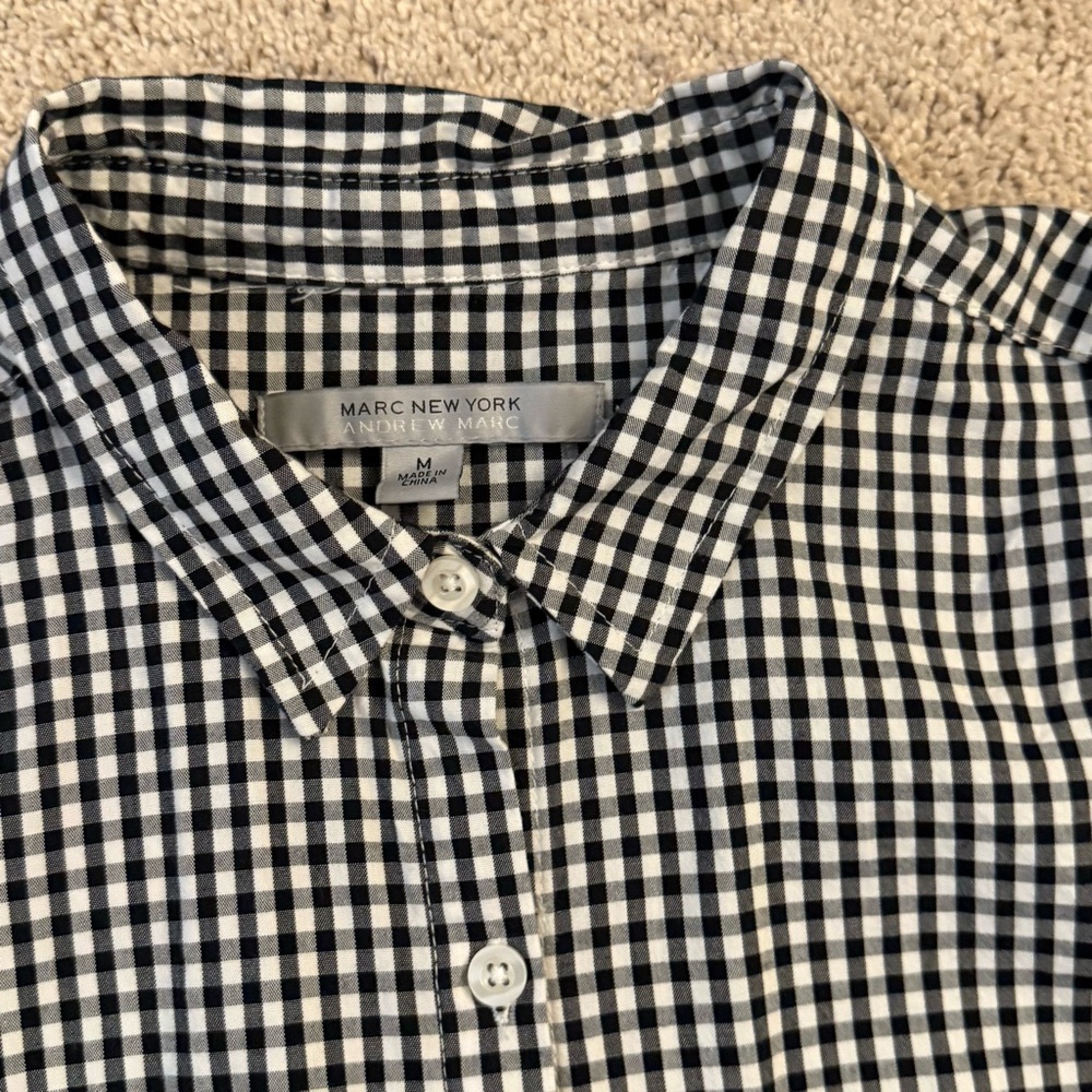 Marc New York Andrew Marc Blouse Top Black White Check Ties Shirt Halloween Med - Picture 2 of 6